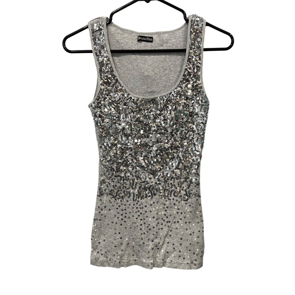 Scarlet Blvd Sequin Embellished Tank Top Womens M Cotton Ribbed Sleeveless Gray